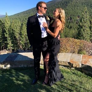 Black ruffle strapless gown